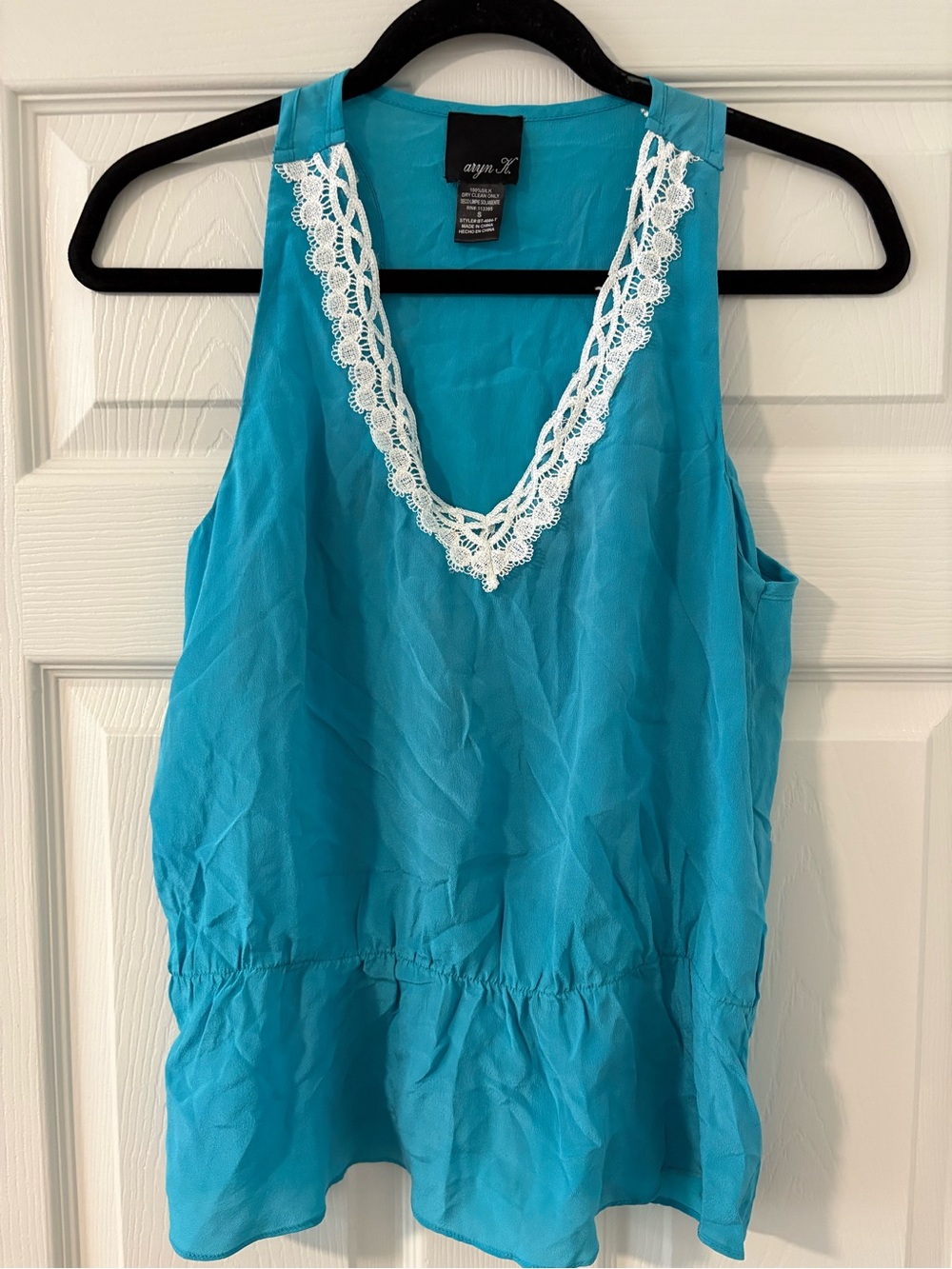 Women’s Y2K Teal 100% Silk Sleeveless Shirt Blouse Flowy Lace Size Small